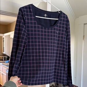 Tommy Hilfiger Navy and Red Checkered Long Sleeve Top